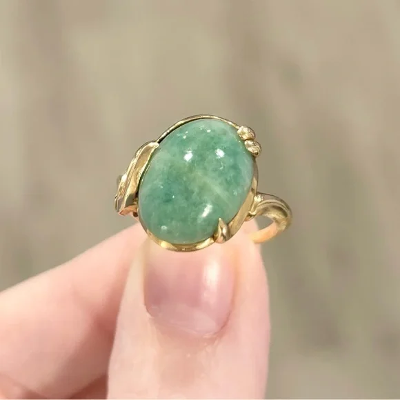 14K Large Aventurine Jade natural sparkling medium green vintage solid gold ring - Picture 7 of 11